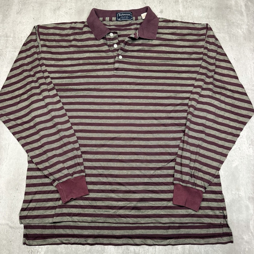 Vintage 90s Burberrys Rugby Polo Shirt Striped Long Sleeve Collared Prep XL